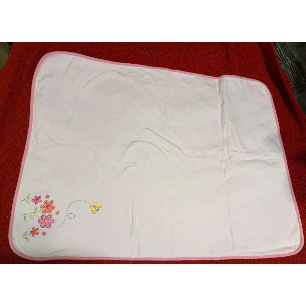Vtg Carters Baby Pink Floral Butterfly Embroidered Reversible Receiving Blanket